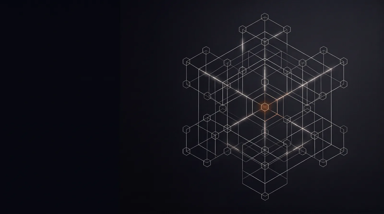 Red de nodos hexagonales conectados por líneas con pulsos de luz: agentes de IA que atienden y resuelven tareas.